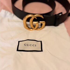 Gucci Black Leather Belt with Gold Double G Buckle